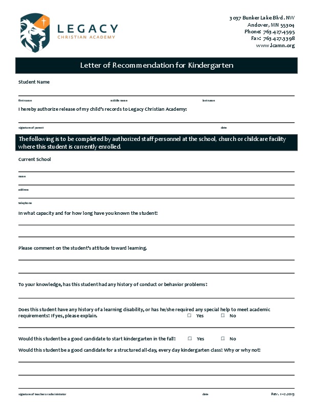 application process legacy christian academy kindergarten recommendation letter