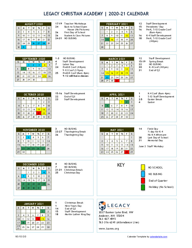 Calendar Legacy Christian Academy