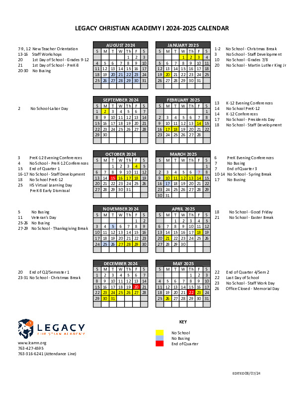 Calendar Legacy Christian Academy